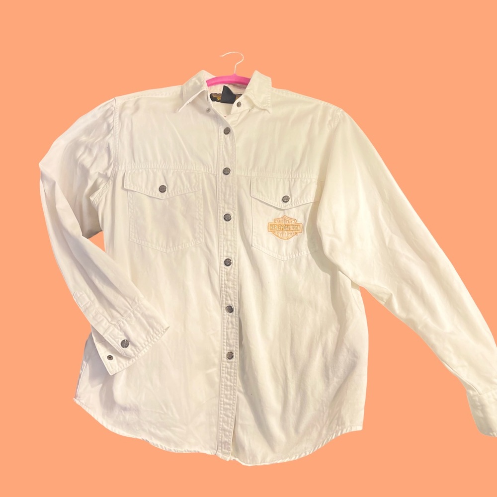 Harley-Davidson White and Orange Logo Shirt, Long-sleeve